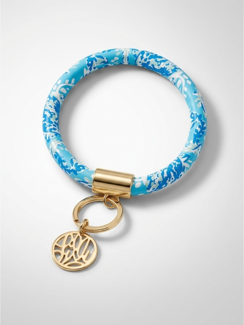Blue and White Patterned Bangle Keychain Bracelet with Gold Charm